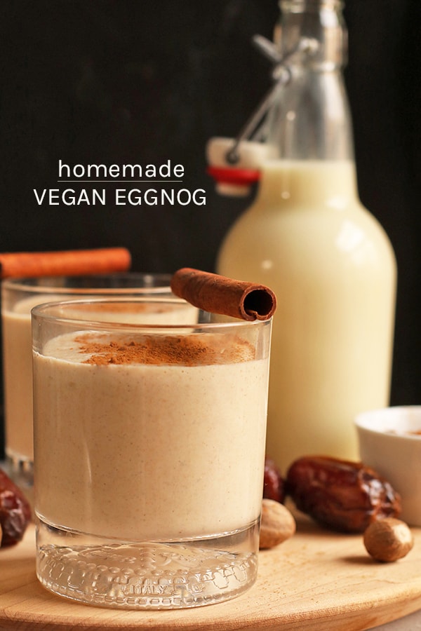 This homemade vegan eggnog is made with homemade cashew milk, raw cashews, and Medjool dates for a rich and creamy holiday drink. #vegan #eggnog #christmas #christmasrecipes #veganchristmas #veganeggnog #mydarlingvegan