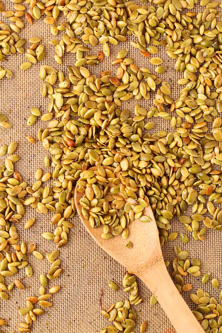 Toasted Pumpkin Seeds on a baking sheet