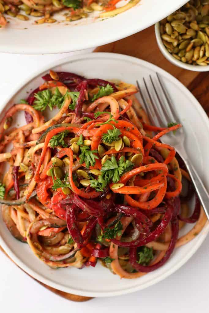 Spiralized Vegetable Salad with Green Goddess Dressing