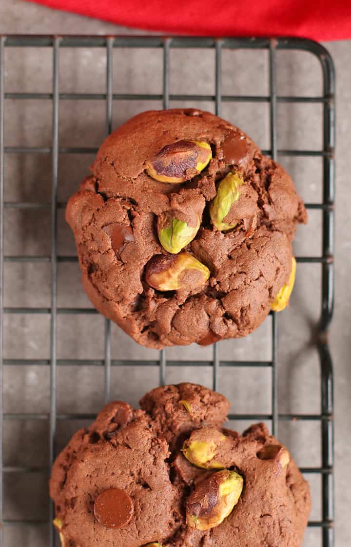 Chocolate cookies cooling on a wire cooling rack