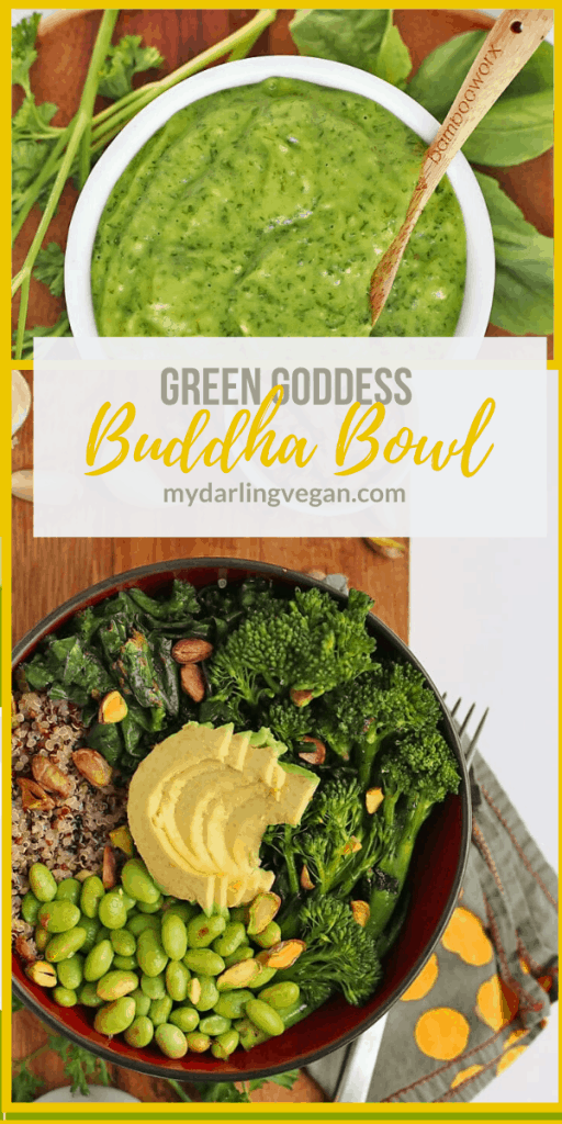 You're going to love this healthy Green Goddess Buddha Bowl. It is filled with quinoa, broccolini, and kale, and topped with an oil-free green goddess dressing. Vegan and gluten-free! 