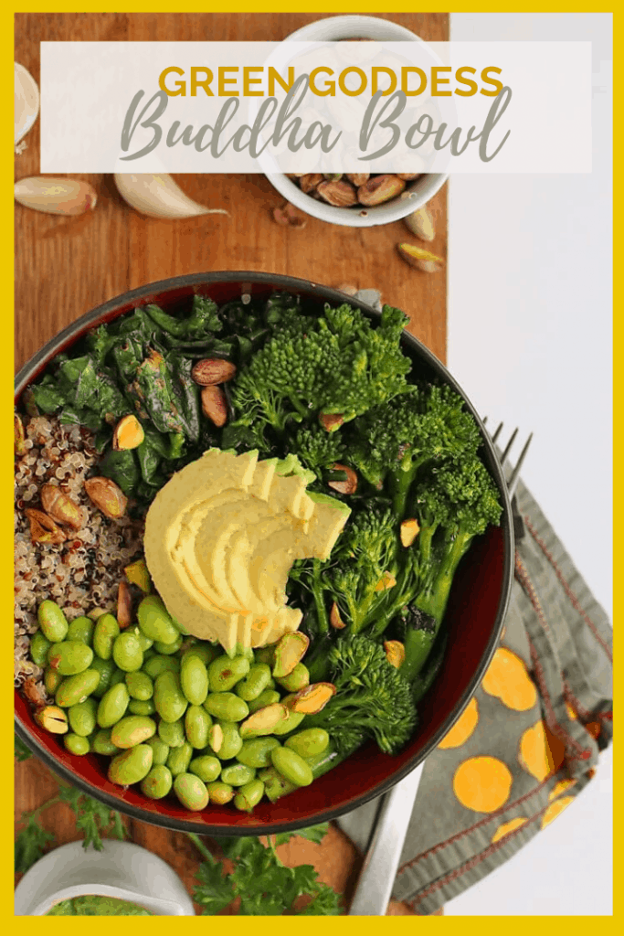 You're going to love this healthy Green Goddess Buddha Bowl. It is filled with quinoa, broccolini, and kale, and topped with an oil-free green goddess dressing. Vegan and gluten-free! 