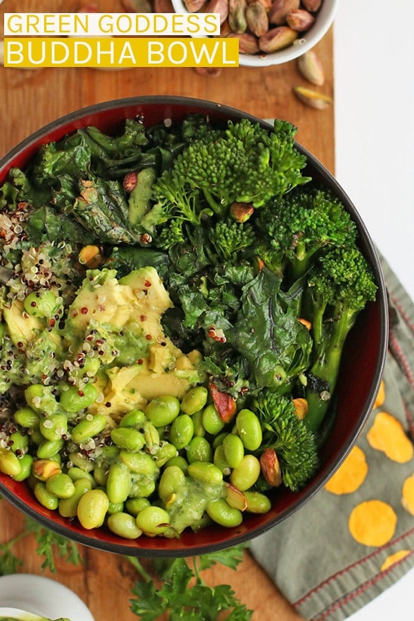 Enjoy a healthy vegan and gluten-free Green Goddess Buddha Bowl filled with quinoa, broccolini, kale, and homemade green goddess dressing. #vegan #vegetarian #glutenfree #buddhabowl #greengoddess #healthy #dinner #recipes #mydarlingvegan