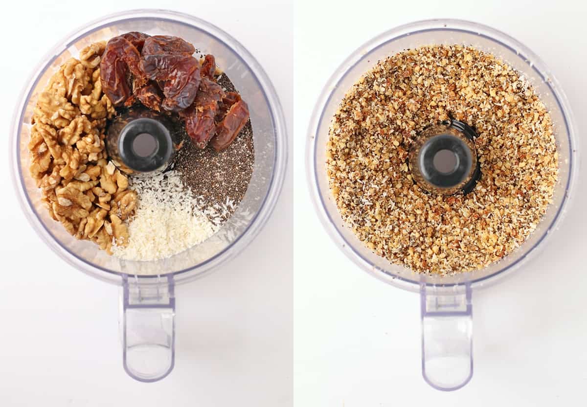 Coconut, walnuts, dates, and chia seeds in a food processor