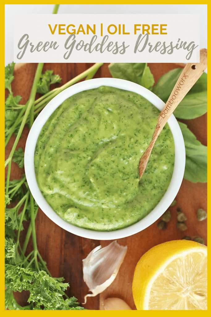 This vegan Green Goddess Dressing is not only delicious but also oil free! It uses creamy avocado rather than eggs and yogurt for a healthy plant-based dressing that tastes just like the original.