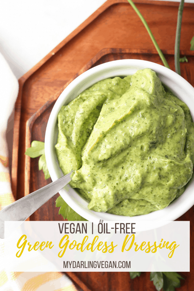 This vegan Green Goddess Dressing is not only delicious but also oil free! It uses creamy avocado rather than eggs and yogurt for a healthy plant-based dressing that tastes just like the original.