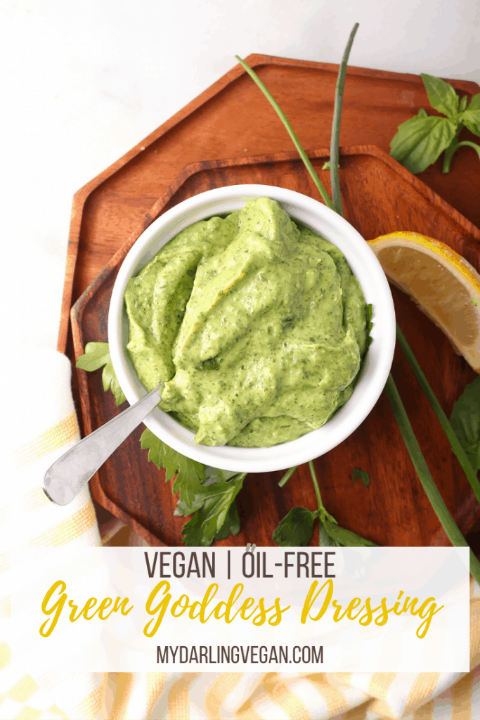 This vegan Green Goddess Dressing is not only delicious but also oil free! It uses creamy avocado rather than eggs and yogurt for a healthy plant-based dressing that tastes just like the original.
