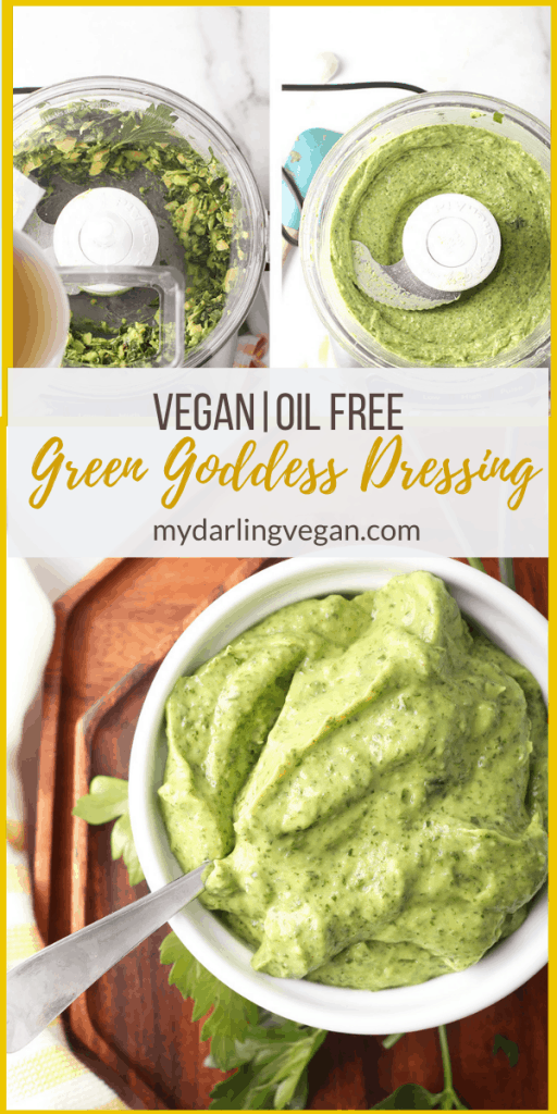 This vegan Green Goddess Dressing is not only delicious but also oil free! It uses creamy avocado rather than eggs and yogurt for a healthy plant-based dressing that tastes just like the original.