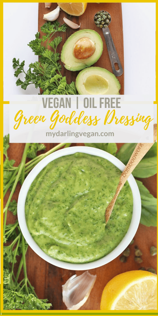 This vegan Green Goddess Dressing is not only delicious but also oil free! It uses creamy avocado rather than eggs and yogurt for a healthy plant-based dressing that tastes just like the original.