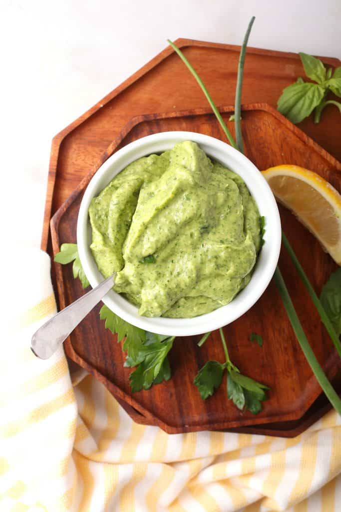 Homemade Green Goddess Dressing in a small white bowl