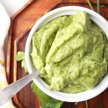 Finished Green Goddess Dressing in a small white bowl