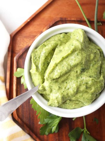 Finished Green Goddess Dressing in a small white bowl