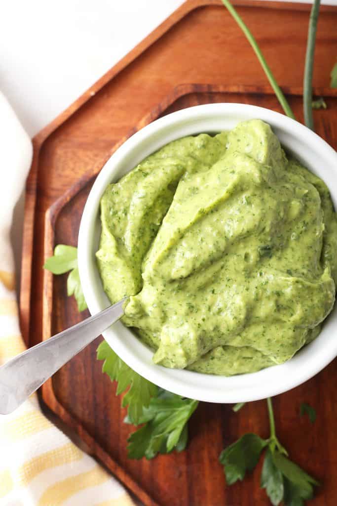 Finished Green Goddess Dressing in a small white bowl