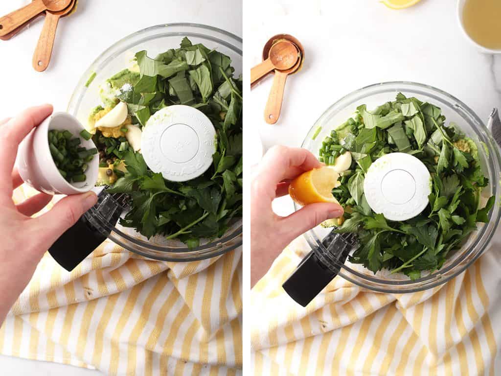 Fresh herbs and spices in a large food processor