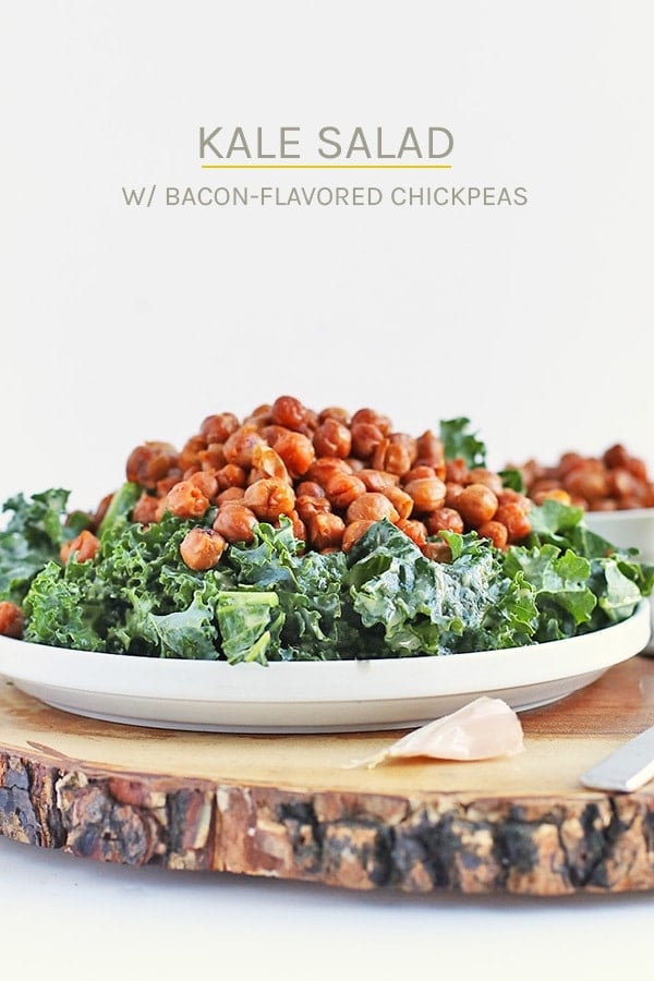 Enjoy this Kale Salad with Bacon Chickpeas and Garlic Dijon Vinaigrette for a light vegan and gluten-free salad that the whole family will love. #vegan #glutenfree #healthy #chickpeas #kale #heahtyrecipes #salad #mydarlingvegan