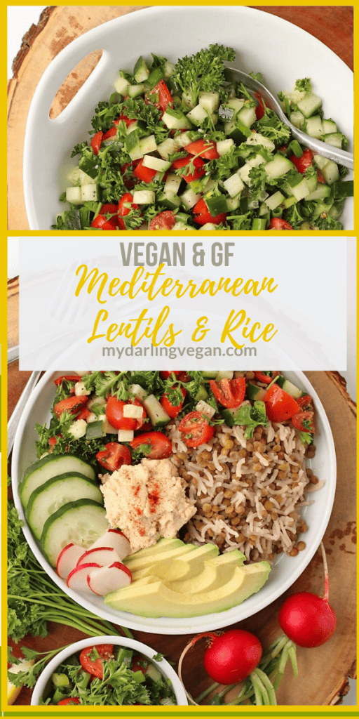 Lighten up with this Mediterranean Lentils and Rice dish. It is topped with fresh Tomato Cucumber Salad, homemade hummus, and fresh veggies. Vegan and Gluten-Free! 