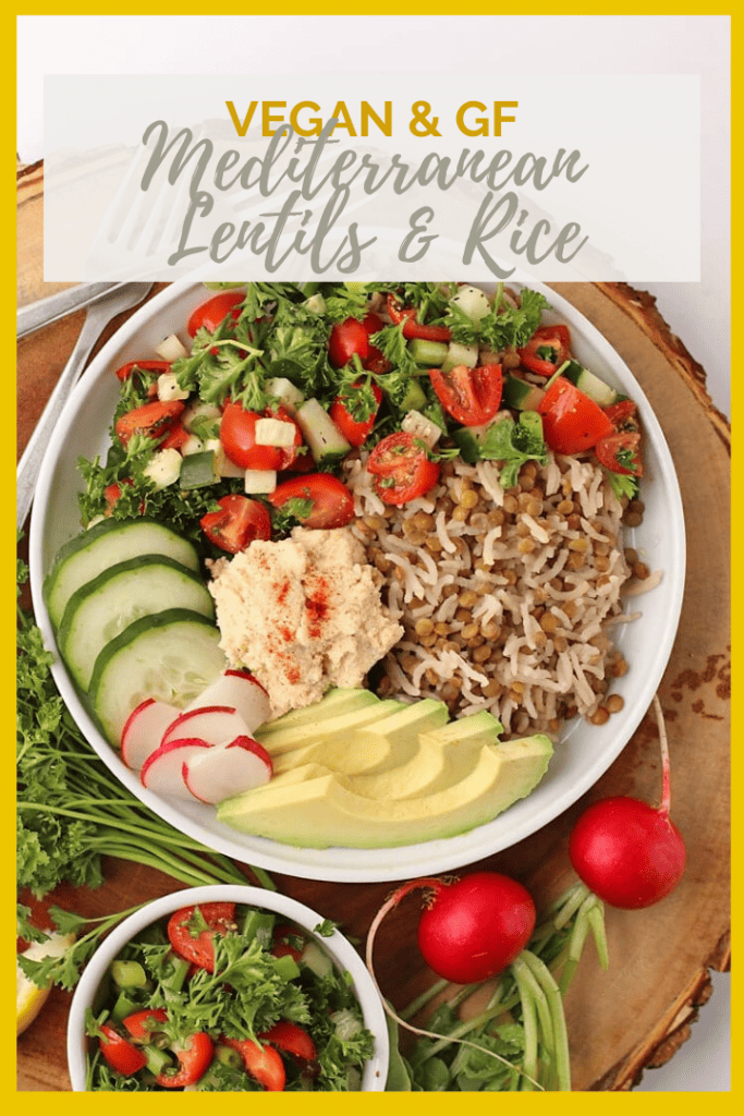Lighten up with this Mediterranean Lentils and Rice dish. It is topped with fresh Tomato Cucumber Salad, homemade hummus, and fresh veggies. Vegan and Gluten-Free! 