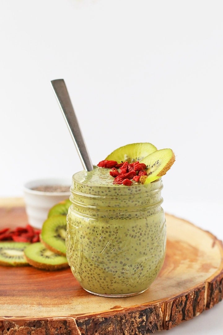 Matcha Chia Pudding in a mason jar.