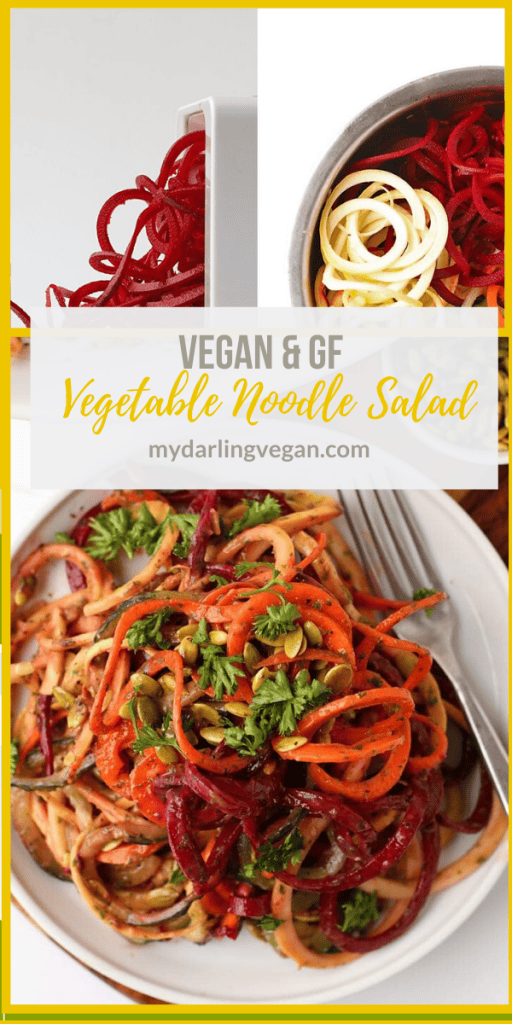 Kick off this year with this healthy vegan and gluten-free Spiralized Vegetable Salad tossed with homemade Green Goddess Dressing and roasted pumpkin seeds.