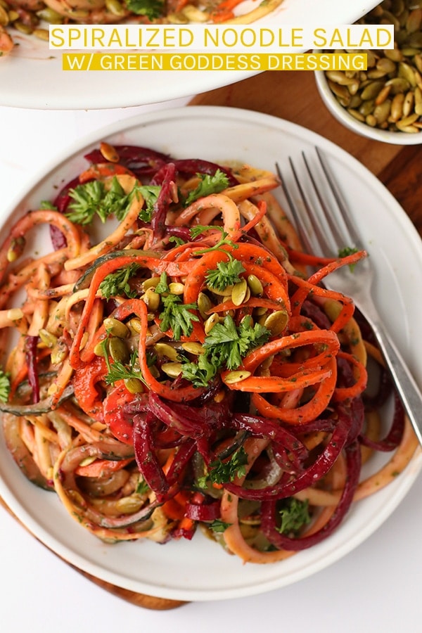 Kick off this year with this healthy vegan and gluten-free Spiralized Vegetable Salad tossed with homemade Green Goddess Dressing and roasted pumpkin seeds. #vegan #vegetarian #spiralize #vegetablenoodles #healthy #greengoodess #healthyrecipes #mydarlingvegan
