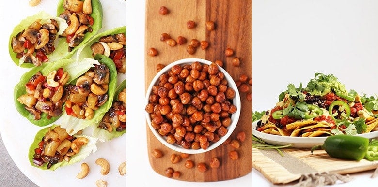 Vegan super bowl recipes - lettuce wraps, bacon flavored chickpeas, vegan nachos