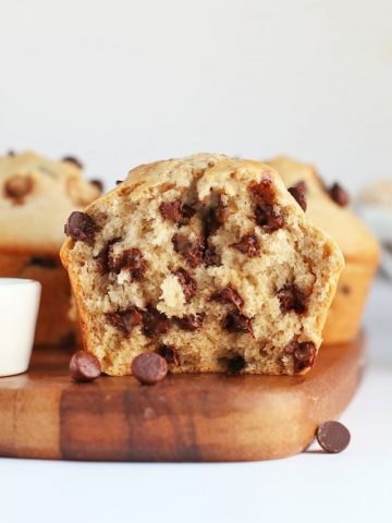 Chocolate chip muffin with a bite