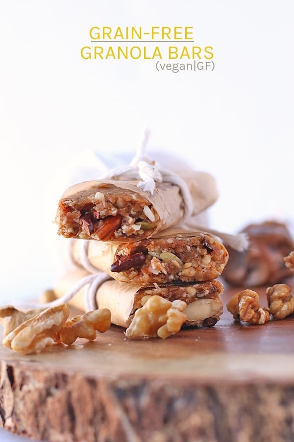 Snack healthy with these Grain-Free Granola Bars. They are filled with superfoods that will give you an automatic energy boost to keep you going. Vegan, and gluten and grain-free! 