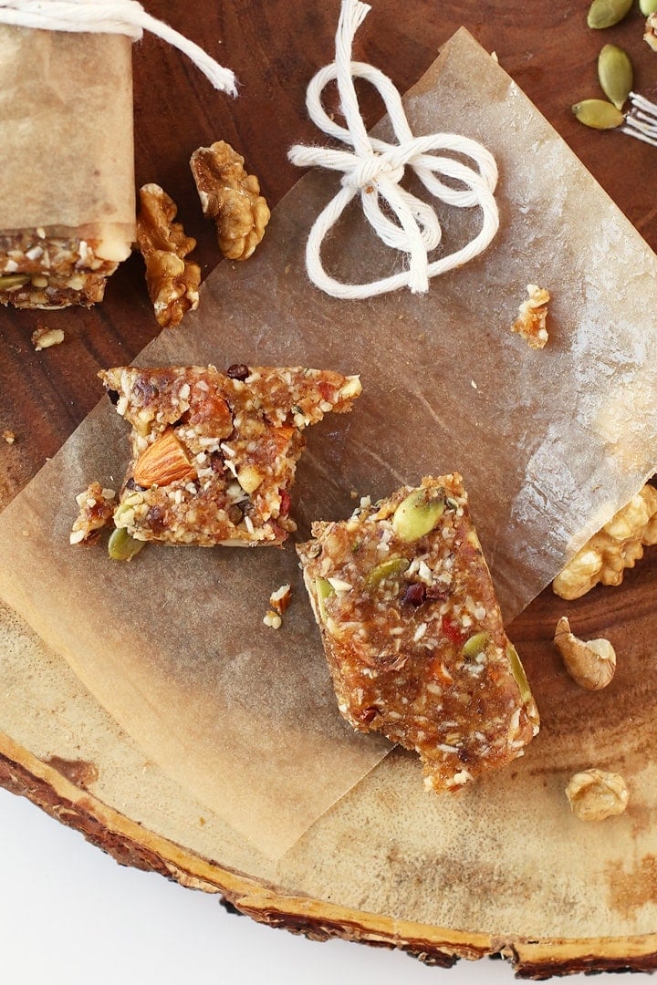 Finished granola bar on a wooden platter 