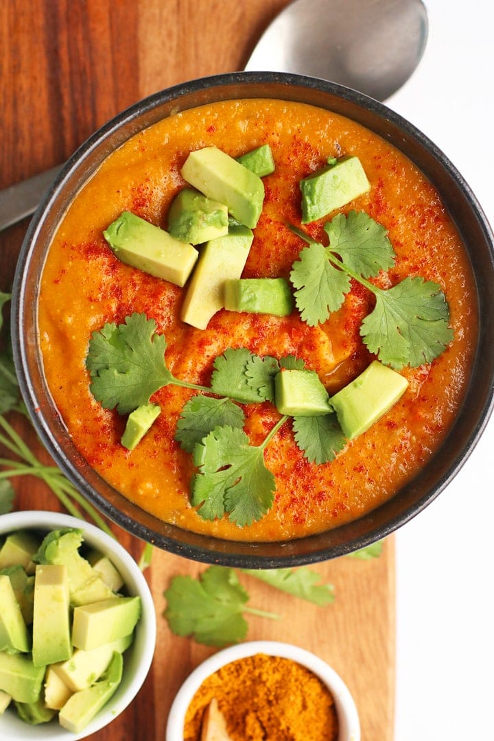 Bowl of finished soup with cilantro and avocado