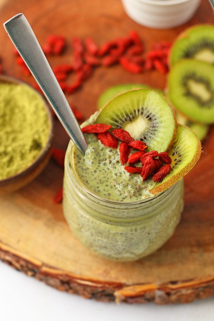 Matcha Chia Pudding with spoon