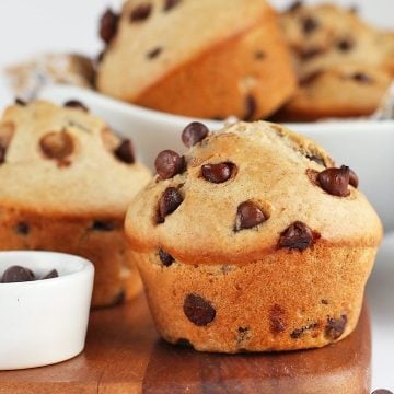 Vegan Chocolate Chip Muffins on a wooden board