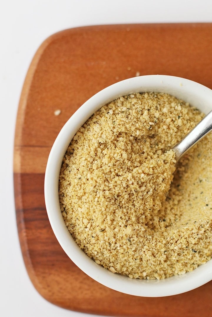 Vegan Parmesan Cheese in a small white bowl