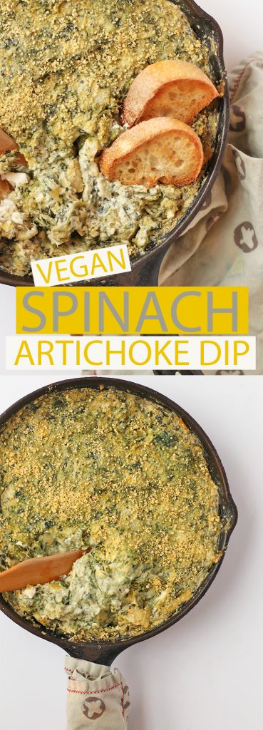 Impress all your friends with this rich and creamy spinach artichoke dip. It can be made in just about 30 minutes for a warm appetizer to share at your next vegan party. #vegan #appetizer