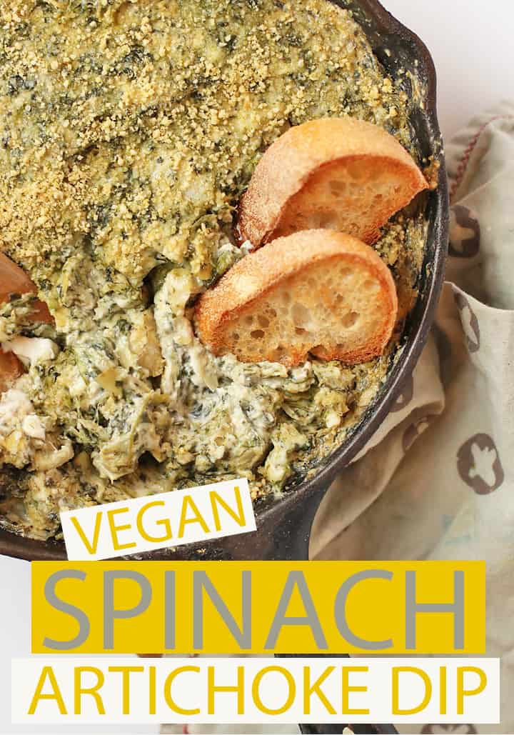 Impress all your friends with this rich and creamy spinach artichoke dip. It can be made in just about 30 minutes for a warm appetizer to share at your next vegan party. #vegan #appetizer #spinach #partyfood #spreads #recipes #vegetarian #mydarlingvegan