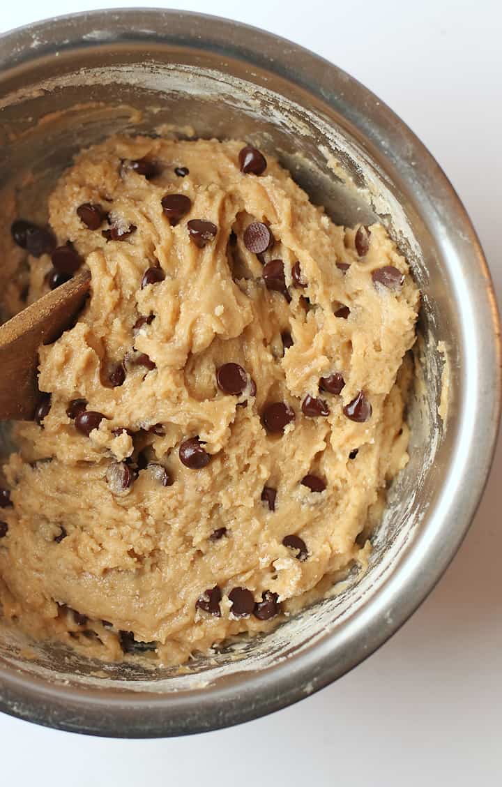 Cookie dough in a metal bowl