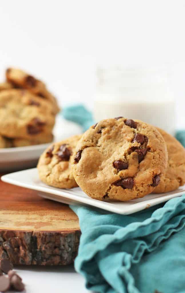 Chocolate chip cookies on a small white plate