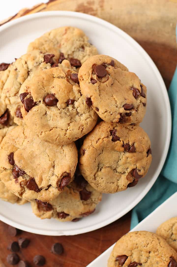 A white plate filled with Vegan Chocolate Chip Cookies