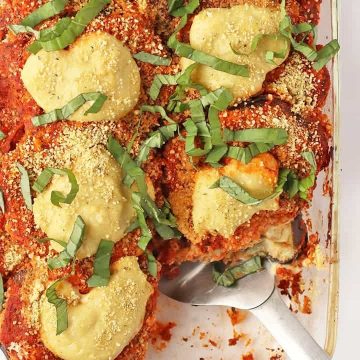 Finished recipe in a casserole dish with a metal spatula