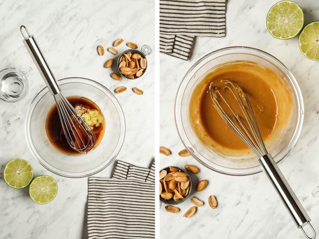 Peanut sauce in a glass bowl with a whisk on a marble countertop 