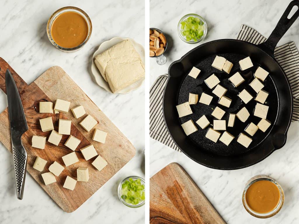 Tofu cut into small cubes and placed in a large cast iron skillet 