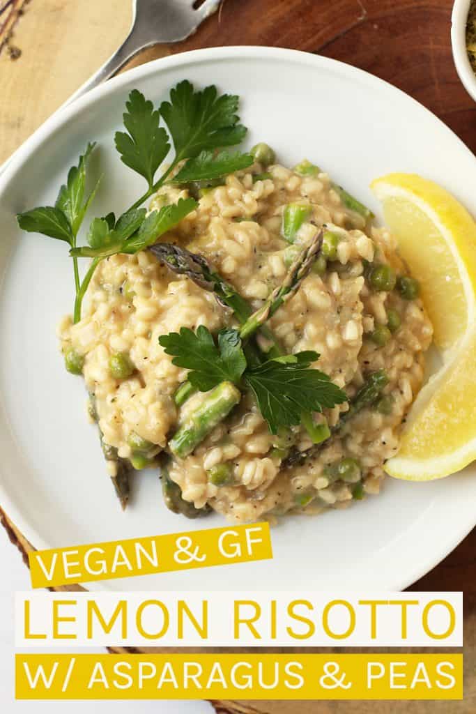 This Vegan Risotto with asparagus and peas celebrates the vegetables of spring for a meal that is hearty, creamy, and delicious.