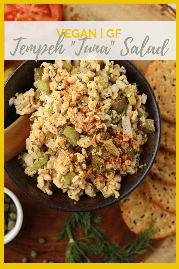 Enjoy this vegan and gluten-free vegan Tuna Salad. Made with tempeh and filled with fresh vegetables and herbs for a light and refreshing any-time-of-day snack.