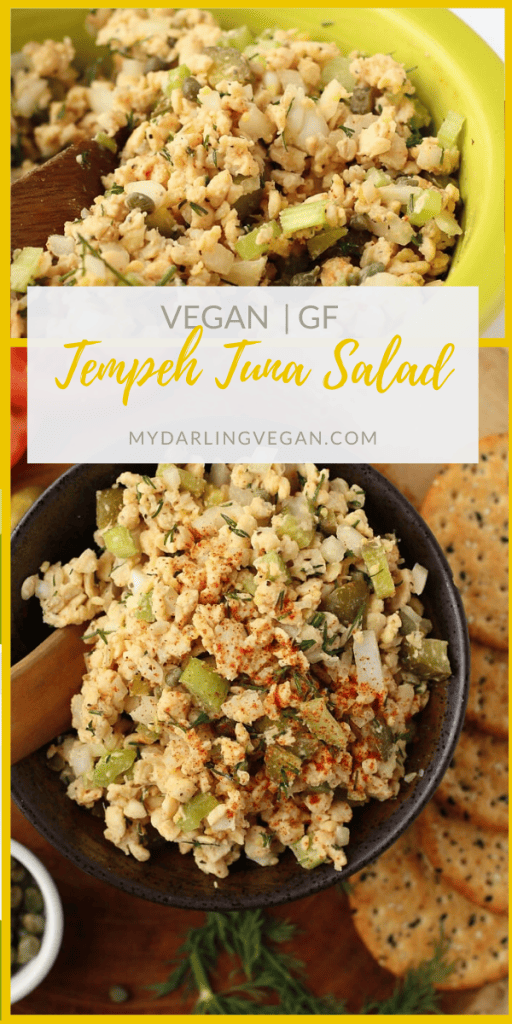 Enjoy this vegan and gluten-free vegan Tuna Salad. Made with tempeh and filled with fresh vegetables and herbs for a light and refreshing any-time-of-day snack.