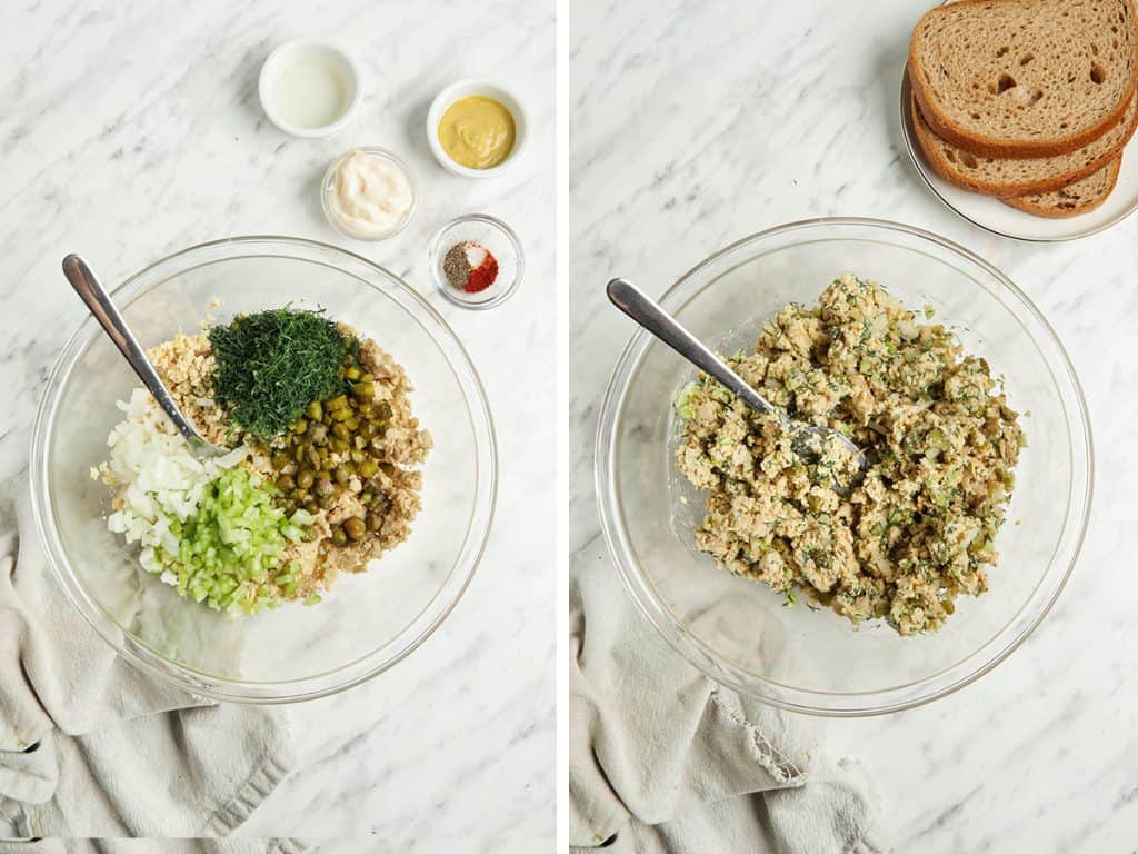 All ingredients for tuna tempeh salad mixed together in a glass bowl