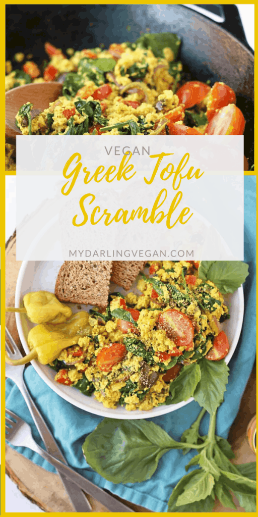 Start your day off right with this hearty and wholesome vegan Greek Tofu Scramble. It is made with seasoned tofu, olives, spinach, and fresh tomatoes for a delicious plant based and gluten free meal.