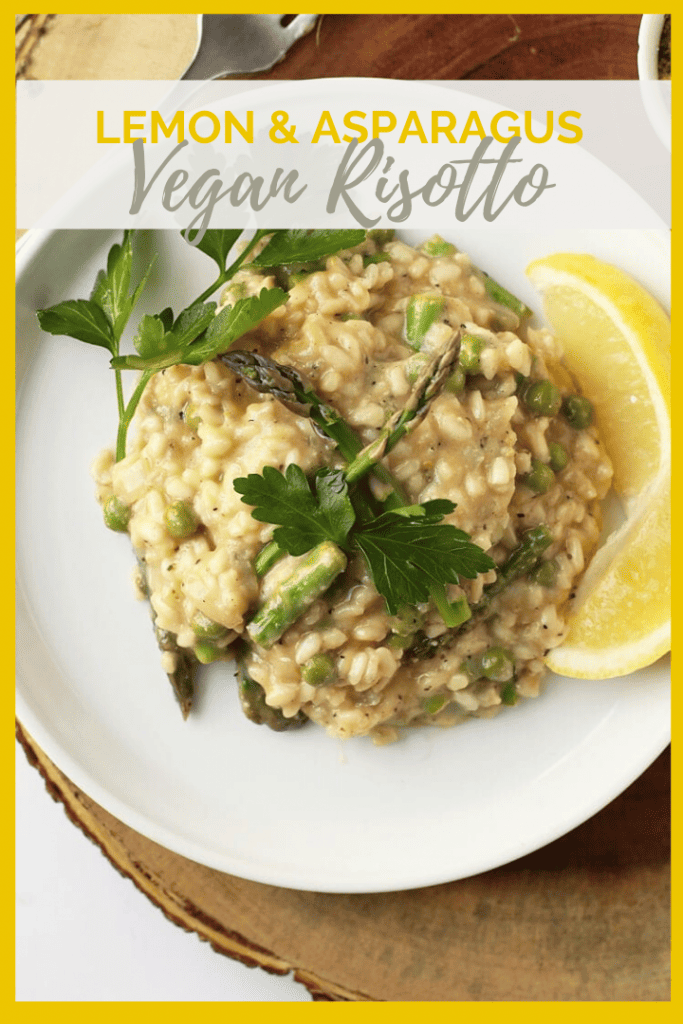 Rich and creamy vegan risotto! You're going to love this light and refreshing meal made with asparagus and peas to celebrates the vegetables of spring. Vegan and gluten-free!