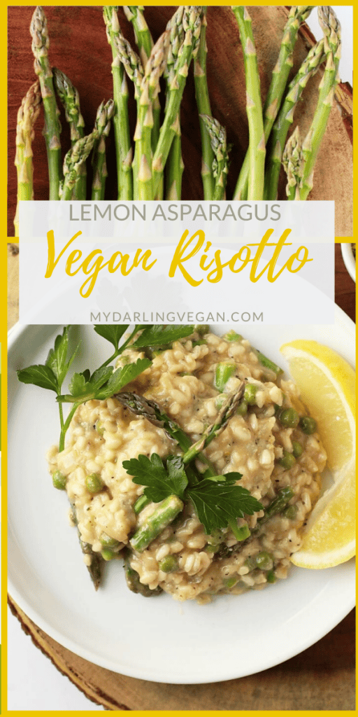 Rich and creamy vegan risotto! You're going to love this light and refreshing meal made with asparagus and peas to celebrates the vegetables of spring. Vegan and gluten-free!