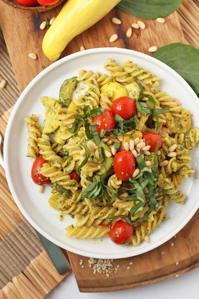 Vegan Pesto Pasta with Summer Squash and Cherry Tomatoes