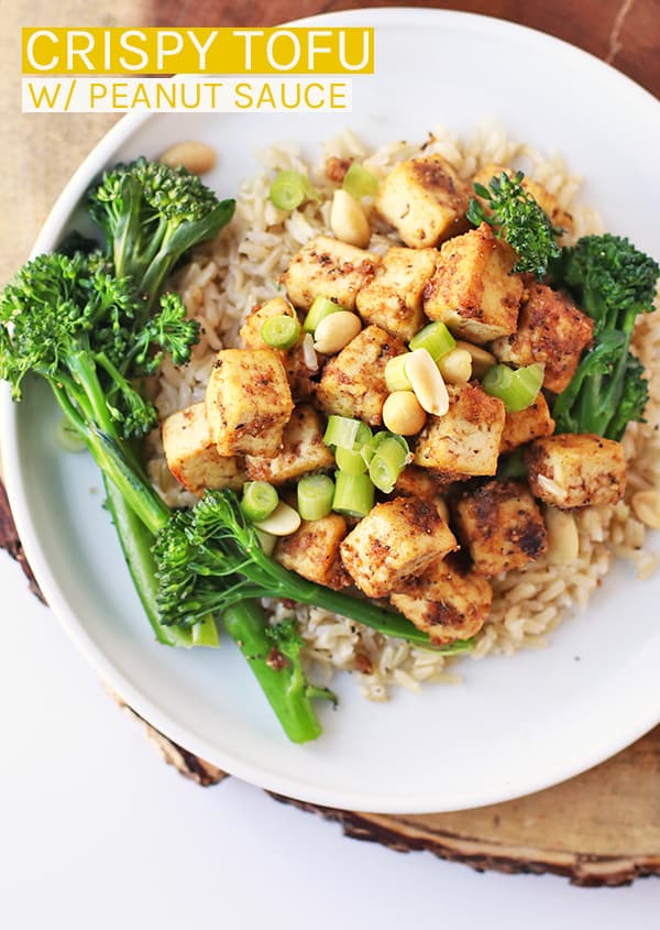 Serve this Tofu with Peanut Sauce with broccolini and rice for a delicious, hearty, and healthy vegan and gluten-free dinner. #vegan #glutenfree #tofu #dinner #peanutsauce #easyrecipes #veganrecipes #mydarlingvegan
