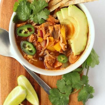 Finished soup with jalapeños, avocado, and cilantro